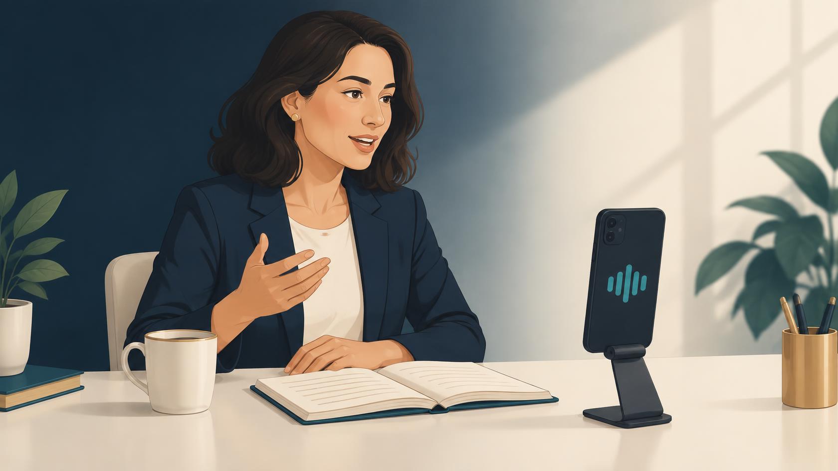 A professional speaking at her desk while recording herself on a phone showing an audio waveform, with an open notebook beside her.