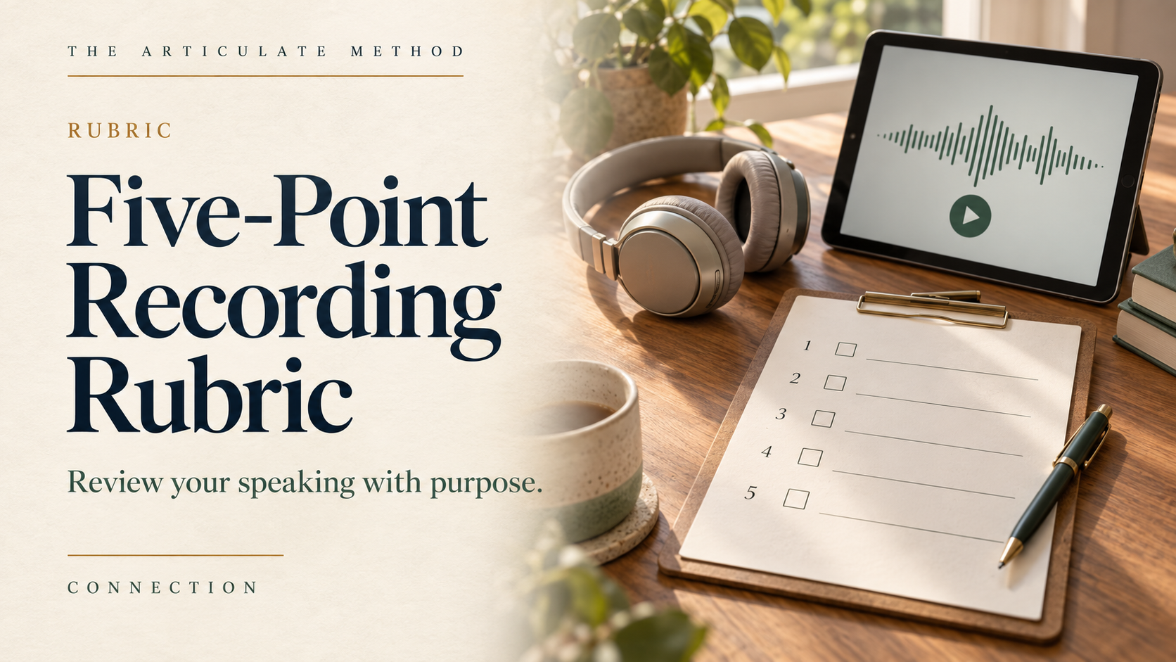 Headphones and an audio waveform beside a five-item recording review checklist.