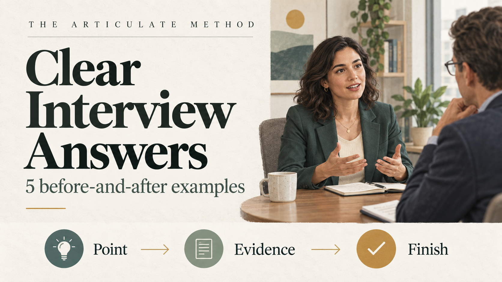A candidate giving a clear interview answer, with the Point, Evidence, Finish framework.